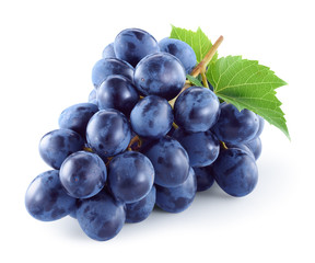 Poster - Dark blue grape with leaves isolated on white background. With clipping path. Full depth of field.