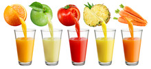 Fresh Juice Pours From Fruit And Vegetables Into The Glass Isolated On White Background.