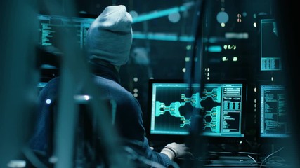 Aufkleber - Back View of Teenage Hacker Infecting with Virus Data Servers of Government Infrastructures. His Hideout is Dark with Many Monitors Around. Shot on RED EPIC-W 8K Helium Cinema Camera.