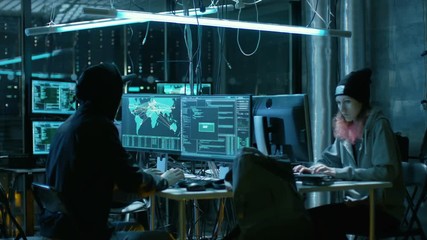 Aufkleber - Group of Teenage Hackers Organize Attack on Corporate Data Servers. Their Lair is Dark with Neon Lights and Full of Operating Displays. Shot on RED EPIC-W 8K Helium Cinema Camera.
