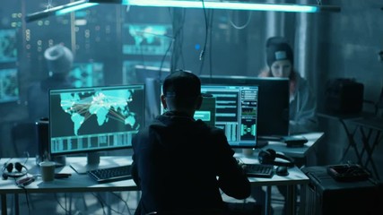 Aufkleber - Team of Internationally Wanted Teenage Hackers Infect Servers and Infrastructure with Virus. Their Hideout is Dark, Neon Lit and Has Multiple displays. Shot on RED EPIC-W 8K Helium Cinema Camera.