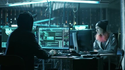 Aufkleber - Team of Teenage Hackers Successfully Attack Global Infrastructure Servers, They High-Five. Display Showing Stages of Hacking in Progress: Exploiting Vulnerability, Executing and Granted Access.  