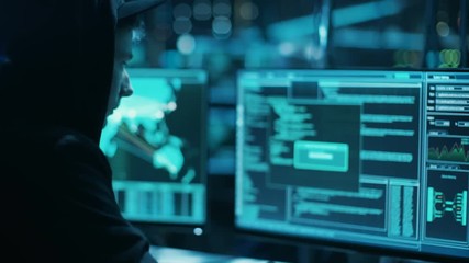 Aufkleber - Hooded Teenage Hacker Successfully Attacks Global Infrastructure Servers with Malware. Display Showing Stages of Hacking in Progress.  Shot on RED EPIC-W 8K Helium Cinema Camera.