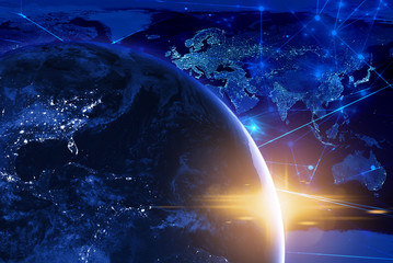 Wall Mural - globlal on space with network data information technology social, ai run the world, artificial intel