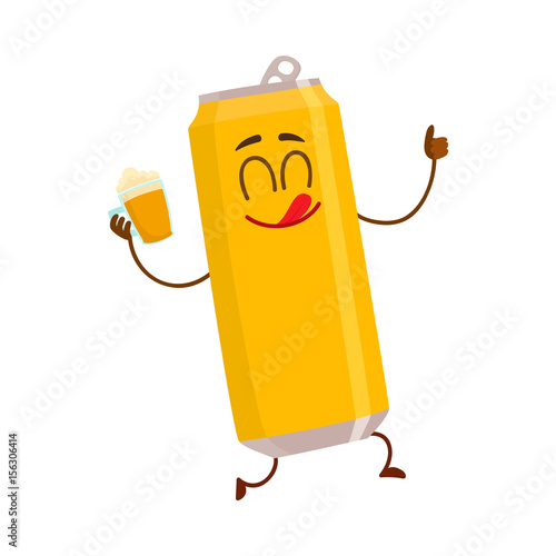 Funny Beer Can Character With Smiling Human Face Holding A Lager Mug Cartoon Vector Illustration Isolated On White Background Cute And Funny Beer Can Character Mascot Drinking Showing Thumb Up Buy