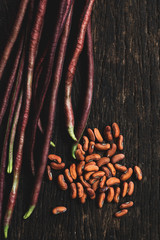 Wall Mural - seed saving ; red long beans seed on wooden background.