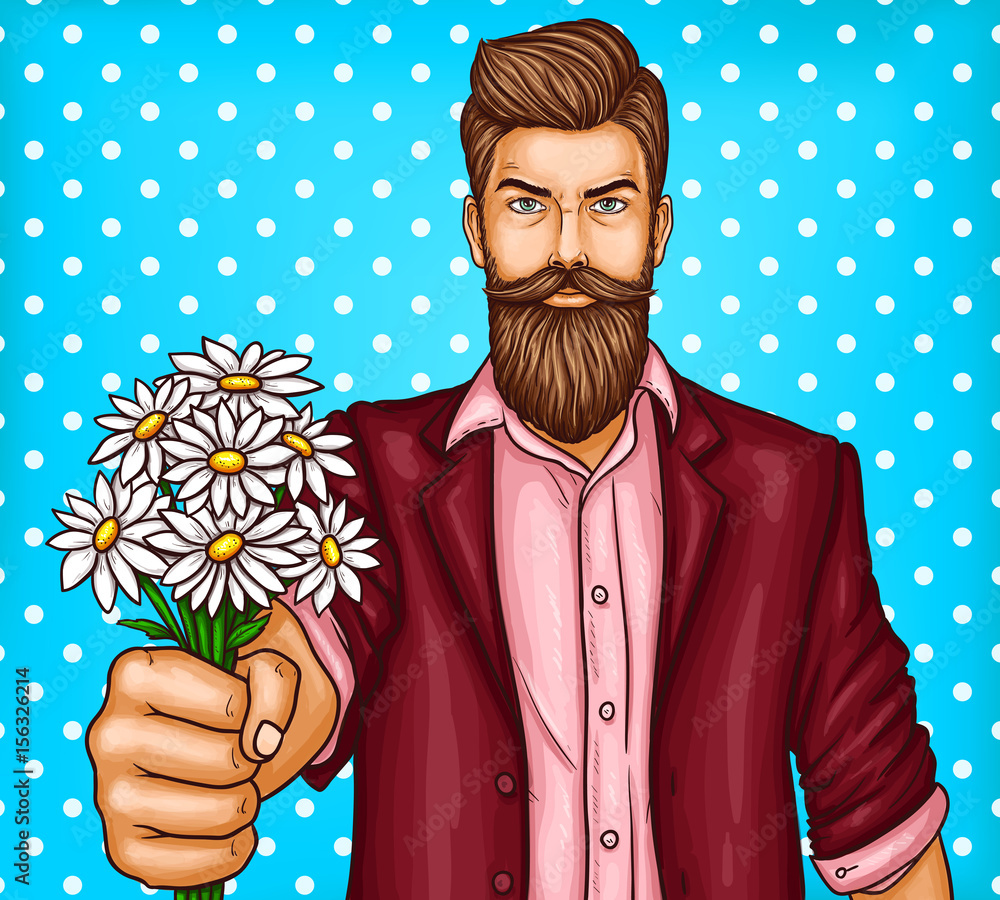 Fotografia Vector pop art illustration of a brutal bearded man, macho is holding out a bouq