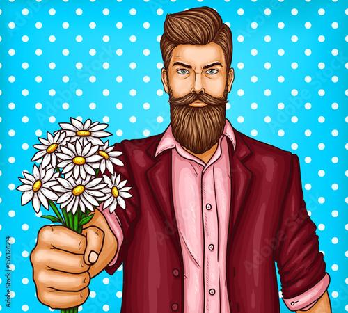 Vector pop art illustration of a brutal bearded man, macho is holding out a bouq Poster Mural XXL