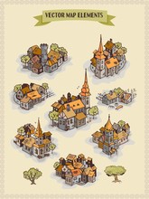 Vector Map Elements, Colorful, Hand Draw - Settlement, City, Village