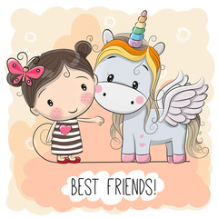 Wall Mural - Cute Cartoon Girl and Unicorn