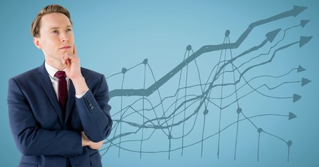 Wall Mural - Business man thinking against blue background and blue graph