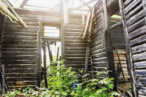 Inside Interior Of Old Abandoned Wooden Burned Out Mansion