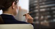 © vectorfusionart - Businesswoman Back Sitting in Chair with  cigar and  buildings