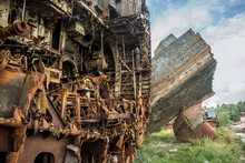 Rusty Ruins Russian Sunken Warship Indomitable (Neukrotimiy) Raised From The Bottom And Sawed For Scrap Metal