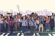 Illustration of peaceful crowd protest with blank signs in high detail