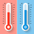 Celsius and Fahrenheit thermometers measuring heat and cold temperature, meteorology equipment