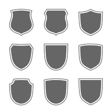 Shield Shape Icons Set. Gray Label Signs Isolated On White Background. Symbol Of Protection, Arms, Security, Safety. Flat Retro Style Design. Element Vintage Heraldic Emblem Vector Illustration