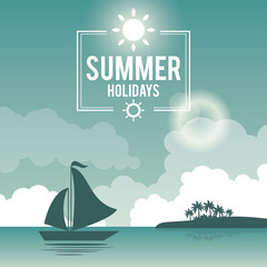 Poster - beautiful poster seaside with logo summer holydays and yacht vector illustration