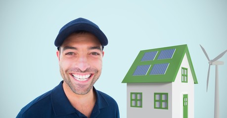 Sticker - Delivery man standing by house and windmill 