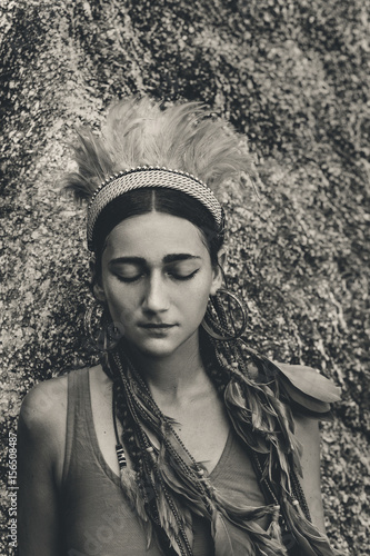 Fotografie, Obraz attractive young woman with boho headdress outdoors portrait