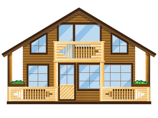 Wall Mural - The facade of a wooden house with a balcony and veranda. Two-story building on a white background. Vector illustration.