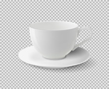 White Ceramic Cup. Realistic Vector Cup On Isolated Transparent Background.