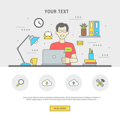 Conceptual banner human in workplace on computer communicates. Man in glasses is sitting at table of device. Line flat design symbols and icons for web, printing. Vector illustration