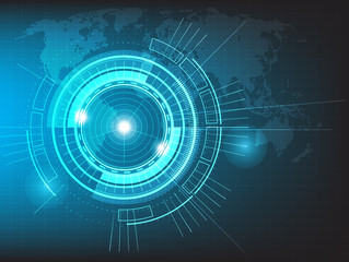 Vector circle technology with world map on blue background.