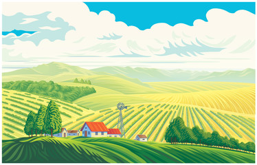 Rural landscape with a beautiful view of distant fields and hills. Vector illustration.