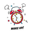 Comic alarm clock ringing and expression with wake up text. Vector bright dynamic cartoon object in retro pop art style isolated on white background.