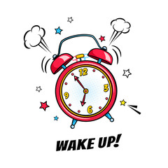 Wall Mural - comic alarm clock ringing and expression with wake up text. vector bright dynamic cartoon object in 