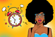Wow Face. Sexy Young Surprised African American Woman With Open Mouth And Afro Hair, Bright Makeup And Alarm Clock Ringing. Vector Background In Pop Art Retro Comic Style. Party Invitation Poster.
