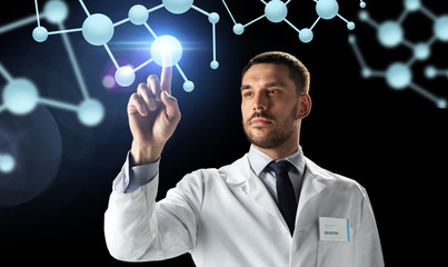 Poster - doctor or scientist in white coat with molecules