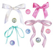 Set of watercolor illustrations of bows of satin ribbons and pearl beads of different colors