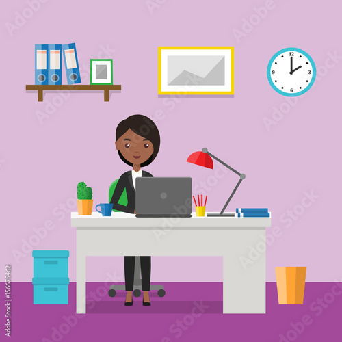 Flat Woman Sitting At Desk Workspace Or Home Workplace With