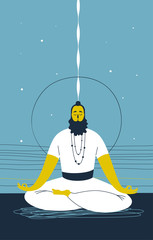 Male yogi with beard sits cross legged and meditates against abstract blue background with lines and circle. Concept of mental wellness and spiritual growth. Vector illustration for website, banner