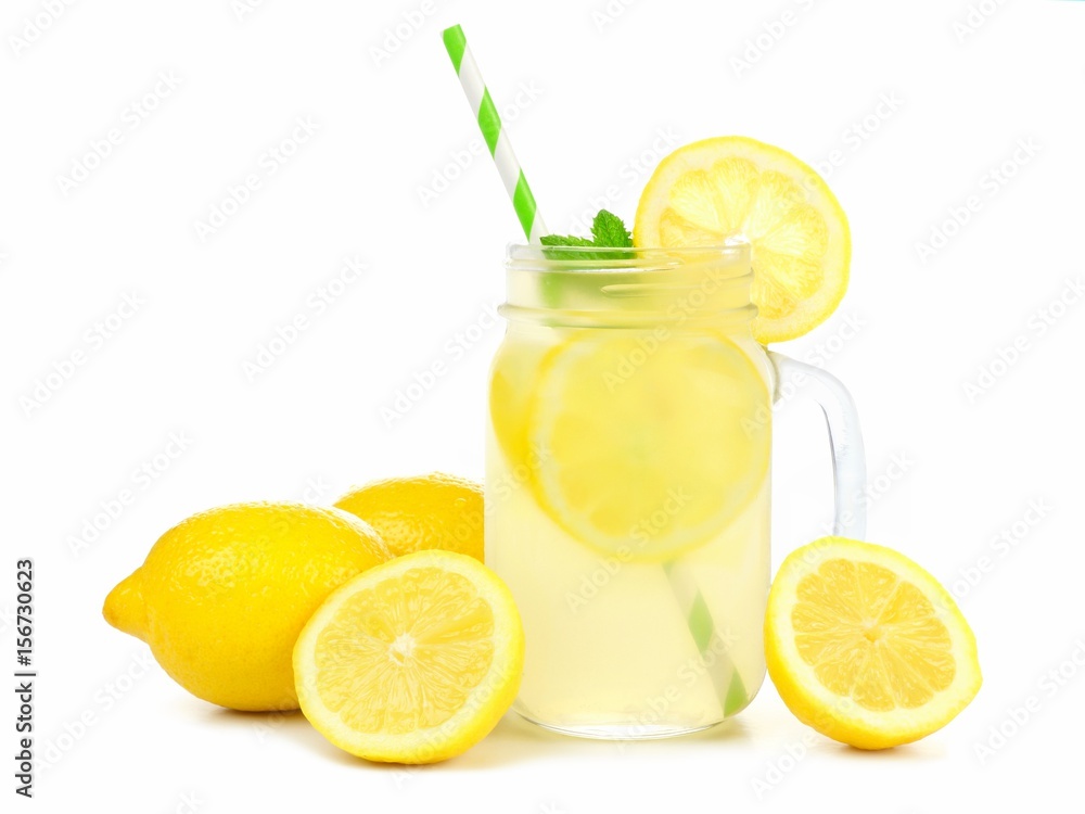 Mason jar glass of lemonade with lemons and straw isolated on a white background - obrazy, fototapety, plakaty 