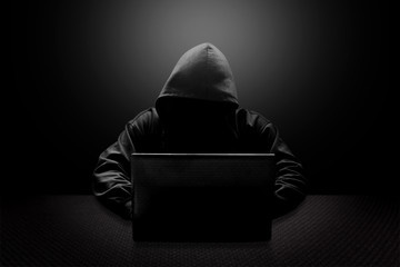 Wall Mural - hooded computer hacker stealing information with laptop