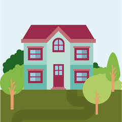 Sticker - colorful natural landscape with country house of two floors vector illustration