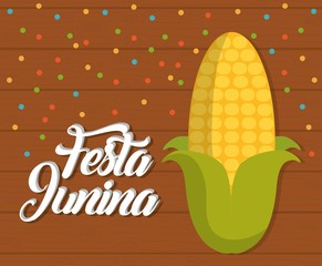 Canvas Print - festa junina card with corn icon over wooden background. colorful design. vector illustration