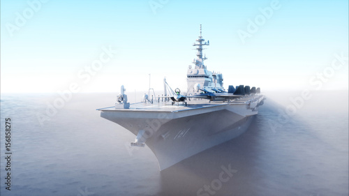 Obraz na płótnie Lotniskowiec w morze, ocean z wojownikiem. Koncepcja wojny i broń. 3d rendering.