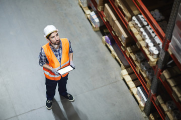 Wall Mural - Supervisor with touchpad looking at goods on shelf