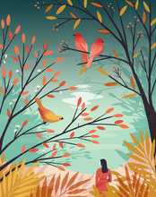 Woman Beneath Trees With Birds