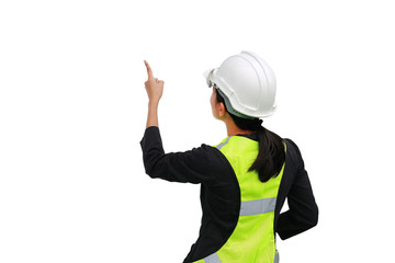 female construction worker pointing up isolated on white background.