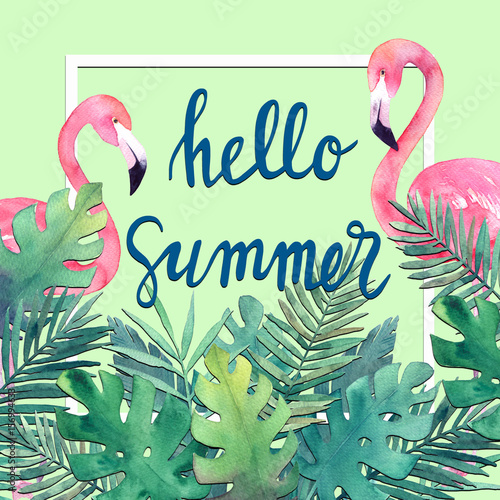Watercolor card with tropic leaves and pink flamingo
