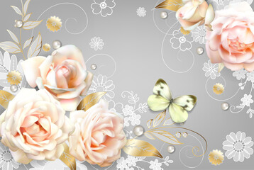 Plakat kwiat motyl vintage ładny romantyczny