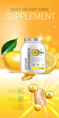 Wall Mural - Lemon balm dietary supplement ads. Vector Illustration with Lemon supplement contained in bottle and lemon elements.