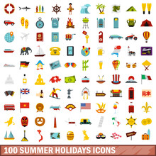 100 Summer Holidays Icons Set, Flat Style