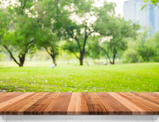 Aufkleber - Empty brown wooden table top with blurred green fields at park, Mock up template for display or montage of your design,Banner for advertise of product