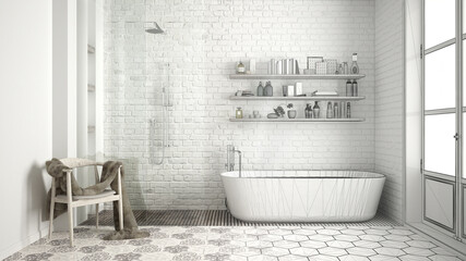 Unfinished project of scandinavian classic vintage bathroom, sketch abstract interior design